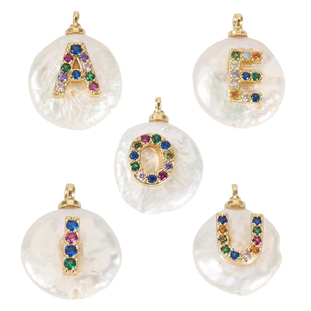 2366 5Pcs Flat Round Freshwater Pearl Charms Colorful Zirconia Vowel Letter
